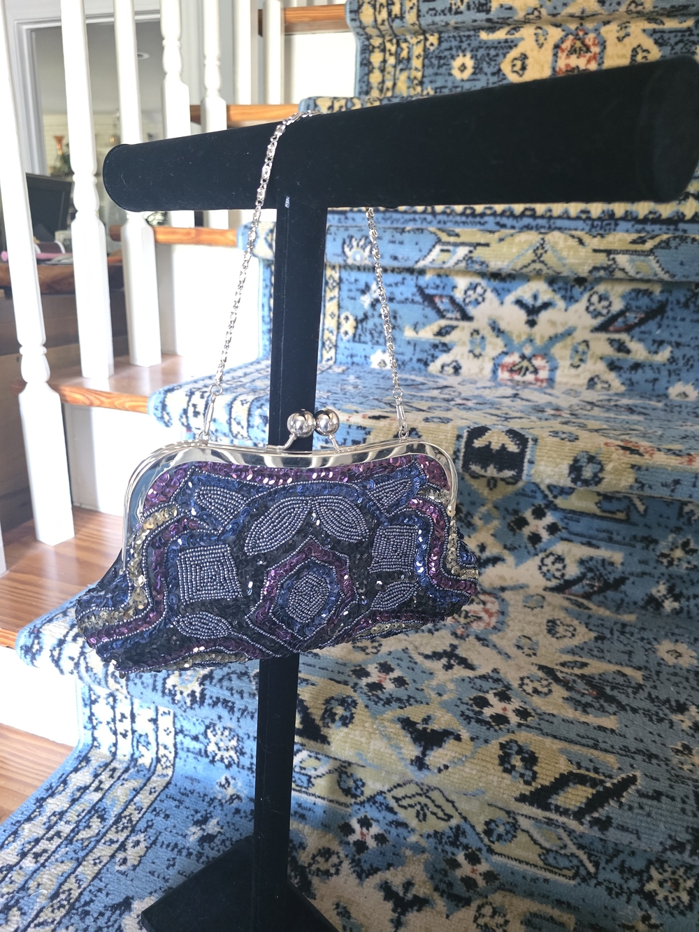 Beaded Purple Evening Clutch with Silver Chain